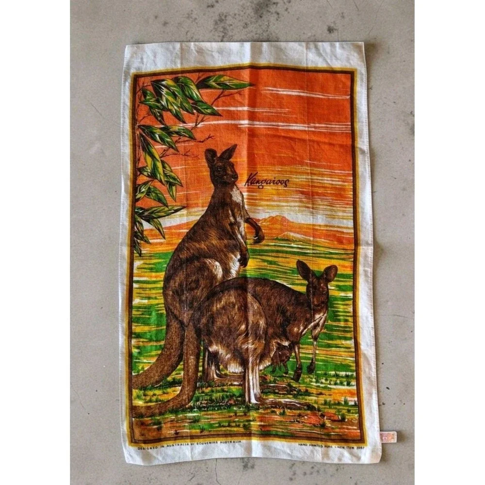 Vintage Hand Printed Linen Tea Towel Australia Kangaroo Pattern 31